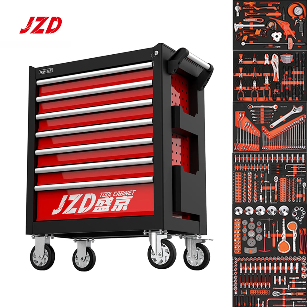 JZD Professional 7 Drawer Rolling Tool Trolley with Complete Mechanic Tool Set for Workshop Storage Organizer