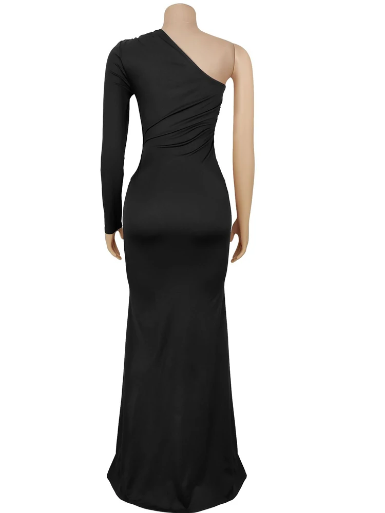 Elegancka sukienka maxi z jednym ramiączkiem i wycięciem, idealna na urodziny, sukienka damska z długim rękawem, metalowe detaliki, sukienka na imprezę, odzież klubowa.