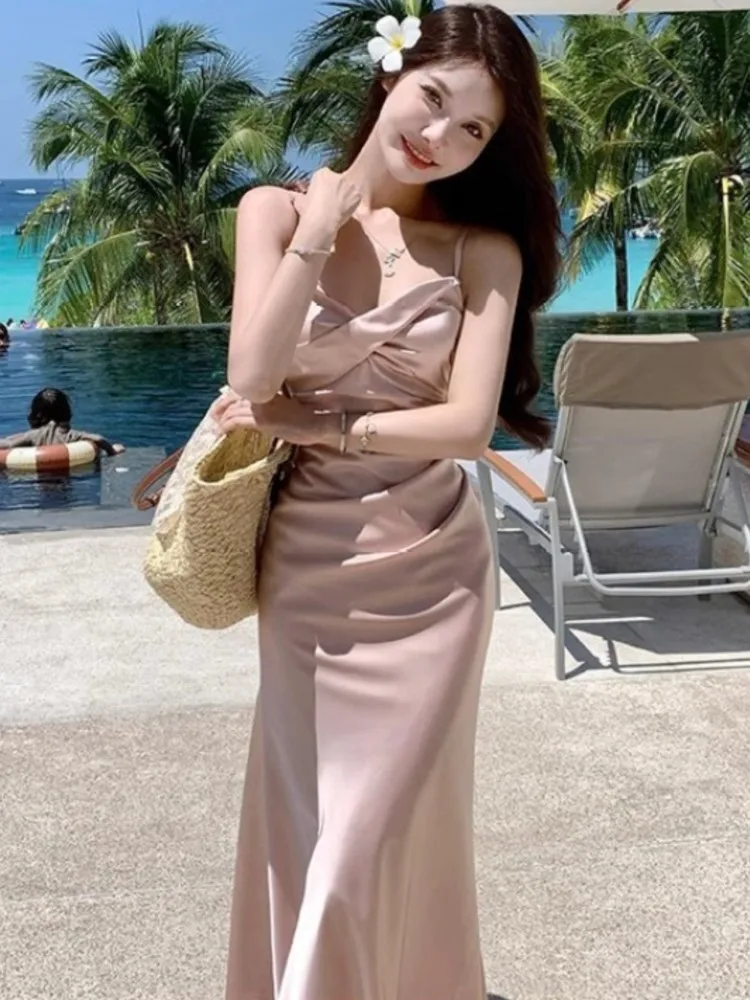 Sexy Backless Satin Straps Midi Dresses for Women Summer Elegant Party Sleeveless Female Beach Holiday Pink Clothing