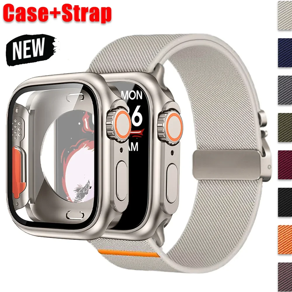 Case+Strap for Apple Watch Ultra 2 10 9 8 7 46 45 41 44 42mm Nylon Band Screen Protector Cover Bracelet for IWatch Series 6 SE