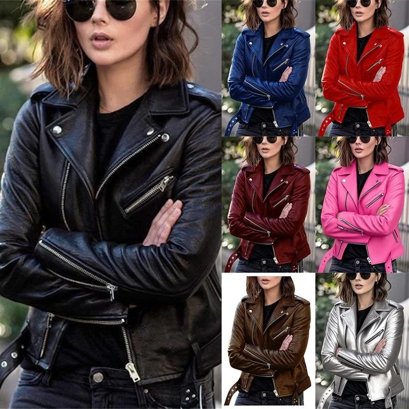 Jaqueta Feminina de Couro PU Estilo Biker Slim Fit para Primavera, Outono e Inverno, Casaco Punk Fashion com Forro Longo