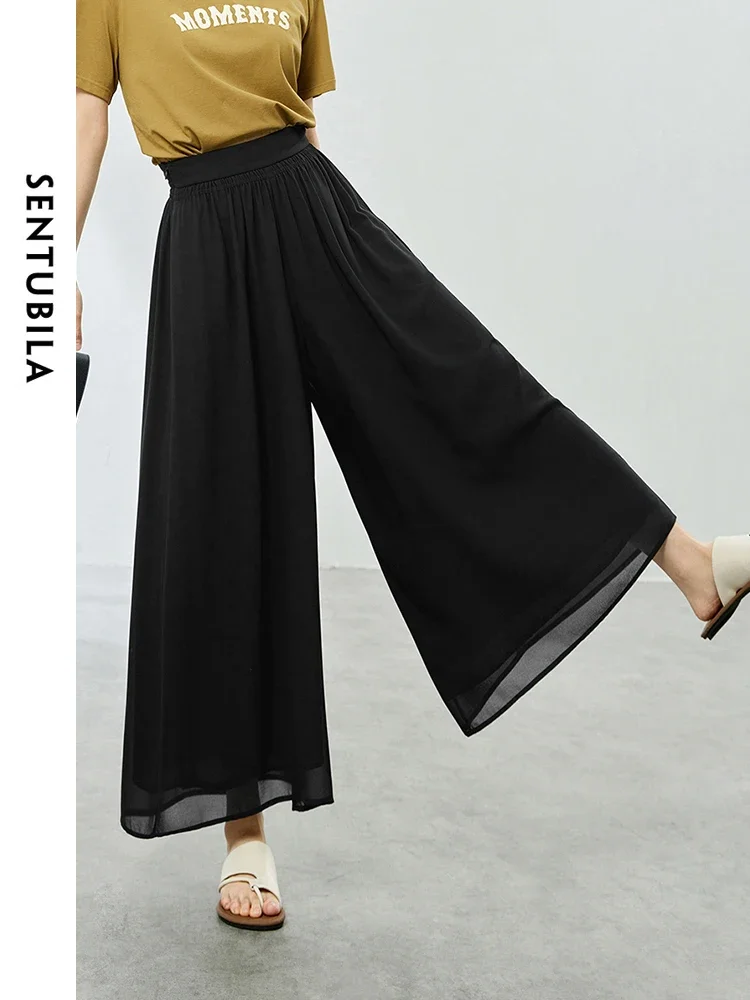 

SENTUBILA High Waist Black Chiffon Skirt Pants Women 2024 Summer Casual Wide Leg Cropped Baggy Pant Female Trouser 142K53987