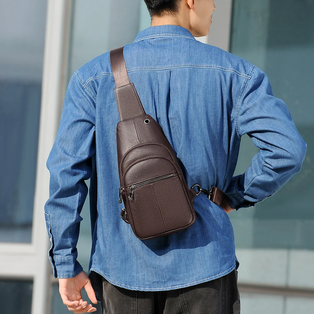 Men's chest bag cowhine simple casual one shoulder sling man portable diagonal cross backpack