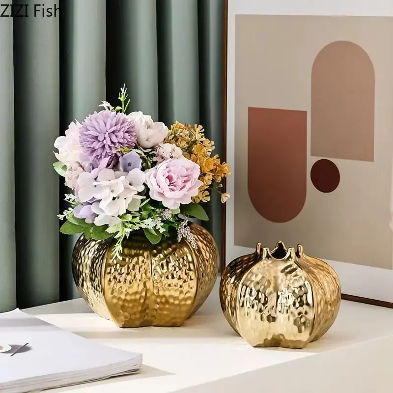 Imitation Pomegranate Ceramic Vase Artificial Flowers Decorative Flower Arrangement Desk Decoration Gold-plated Floral Vases