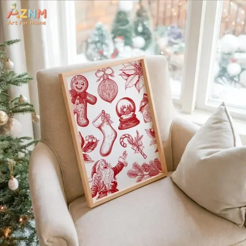 AZNM Red Vintage Christmas Sketch Canvas Wall Art, Santa Gingerbread Man Snow Globe Candy Cane Print, Retro Xmas Holiday Poster