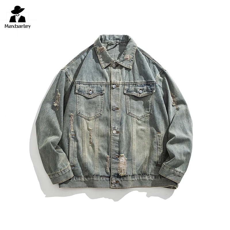 Vintage Wear Out Denim Jacket Men Women Fashion Brand Pocket Lapel Blue Denim Coat Autumn Youth Workwear Windproof Loose Jacket