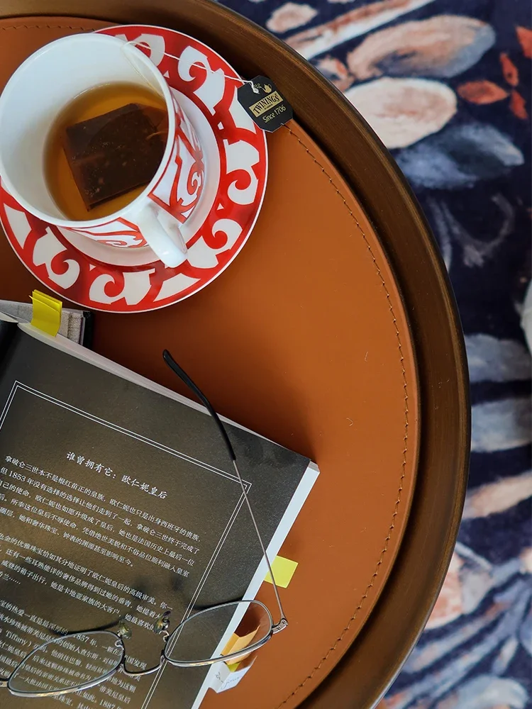 Golden brown Italian handmade saddle leather brass storage coffee table side table