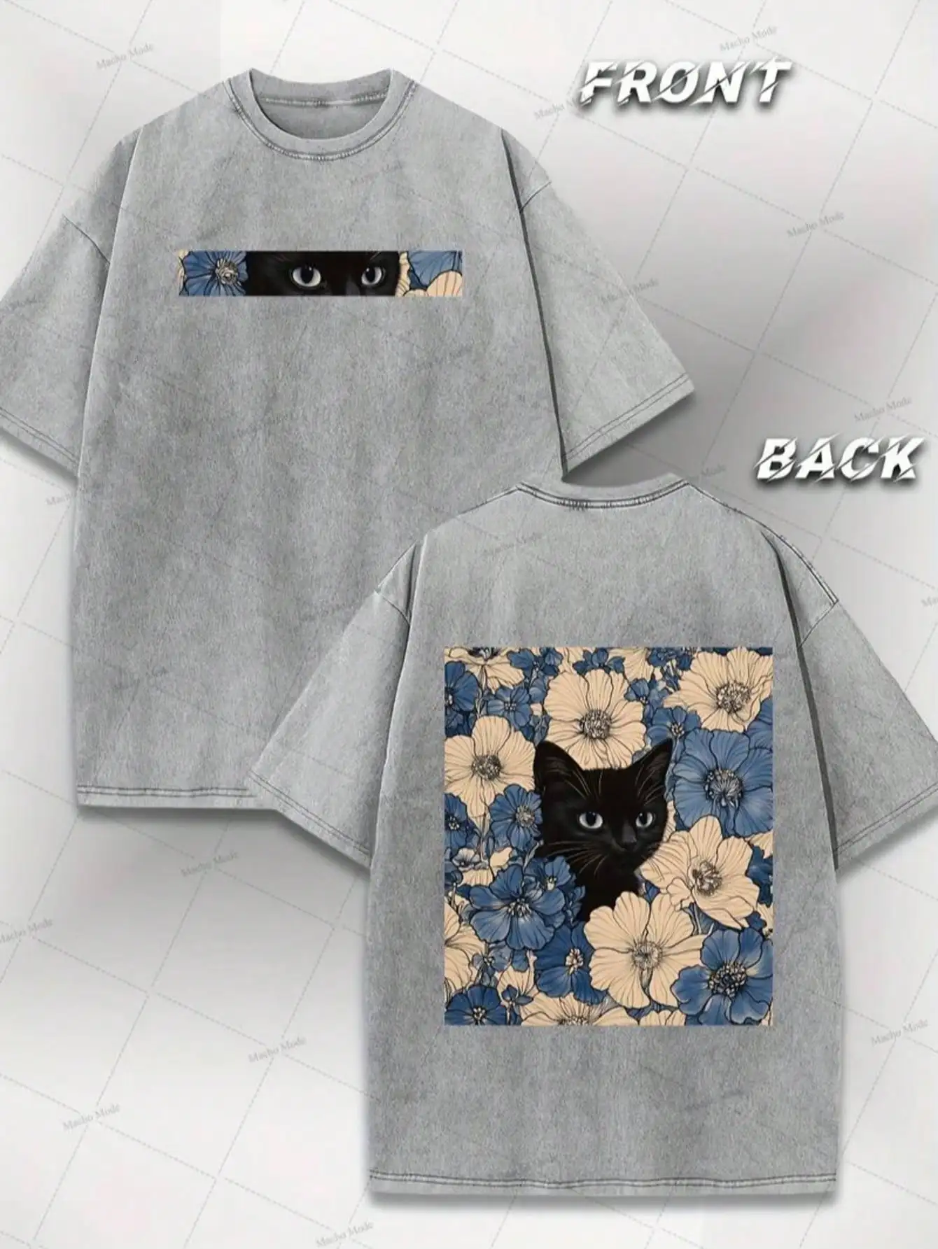 

Black Cat Floral Print Vintage Washed Cotton T-Shirt, Unisex Y2K Street Style