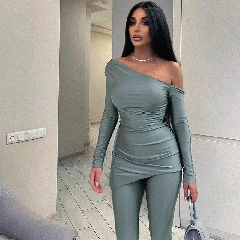 

Women's summer solid color slant neck off-the-shoulder long sleeve top tight pants casual suit 2 piece sets womens outfits