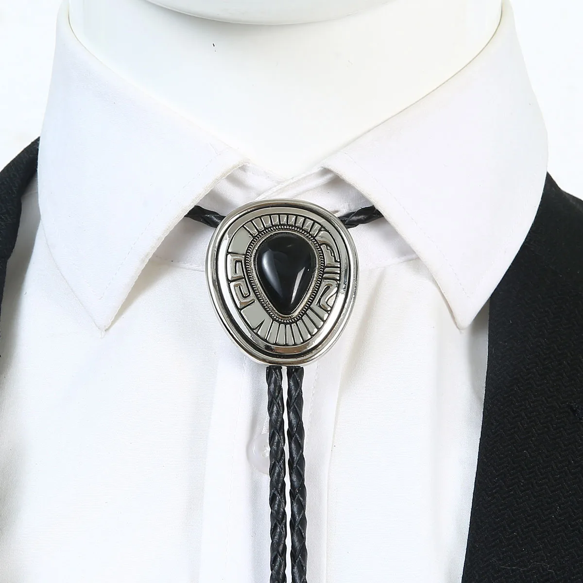 Vintage Bolo Tie Men Women Western Cowboy Neck Tie Teardrop Black Gemstone Silver Metal Bola Tie Costume Accessory Dropshipping