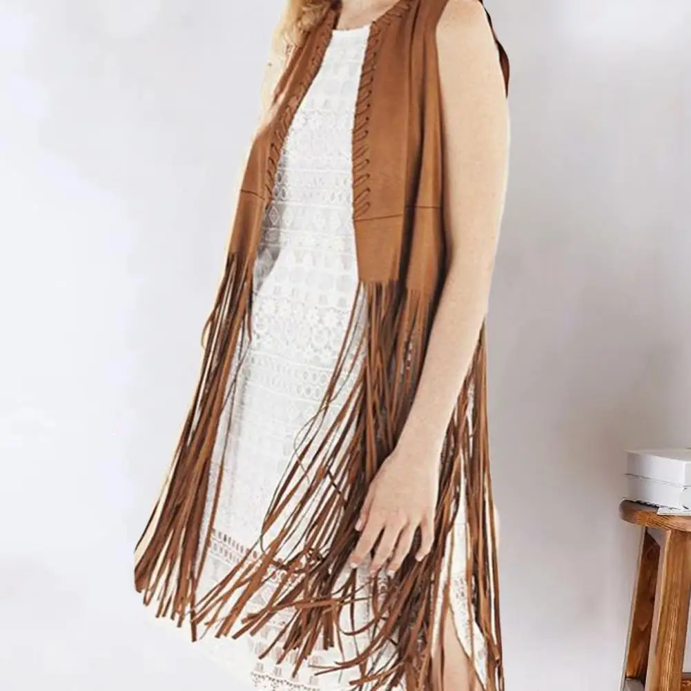 Women Long Tassels Suede Vest Vintage Fringed Suede Vest Women's Long Tassels Hollow Hole Design Open Front O Neck for Ladies