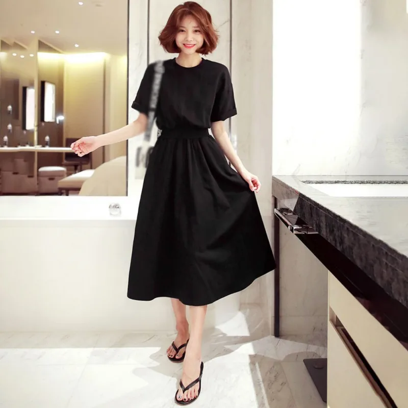 Summer Dresses for Women O-Neck Basic A-line Mid-length Loose Skirt Short-Sleeve Versatile Knitted Large Hem Dress