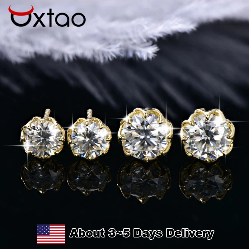 

OXTAO Миниатюрные серьги-гвоздики из позолоченного золота 14K с муассанитом цвета D, 1CT/2CT, для женщин, в форме цветка, романтичные украшения для ушей