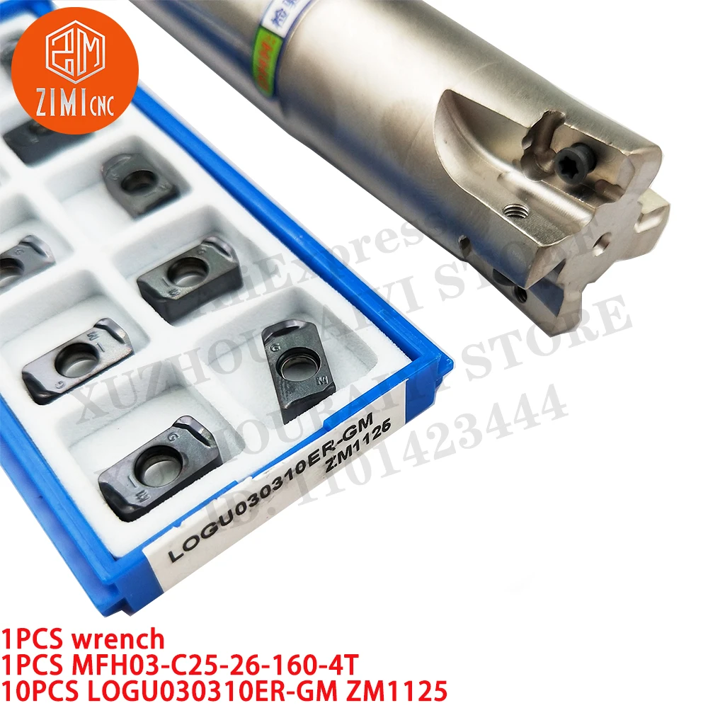 1PC MFH03-C25-26-160-4T Milling tool holder + 10PC LOGU030310ER-GM ZM1125 Milling insert metal lathe Carbide Insert cutting tool