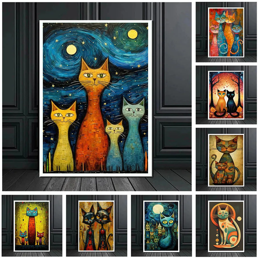 

Comic Cat Art Poster Prints For Living Room Home Decor Cartoon Animal Illustration Abstract Kitten Canvas Painting Wall Art