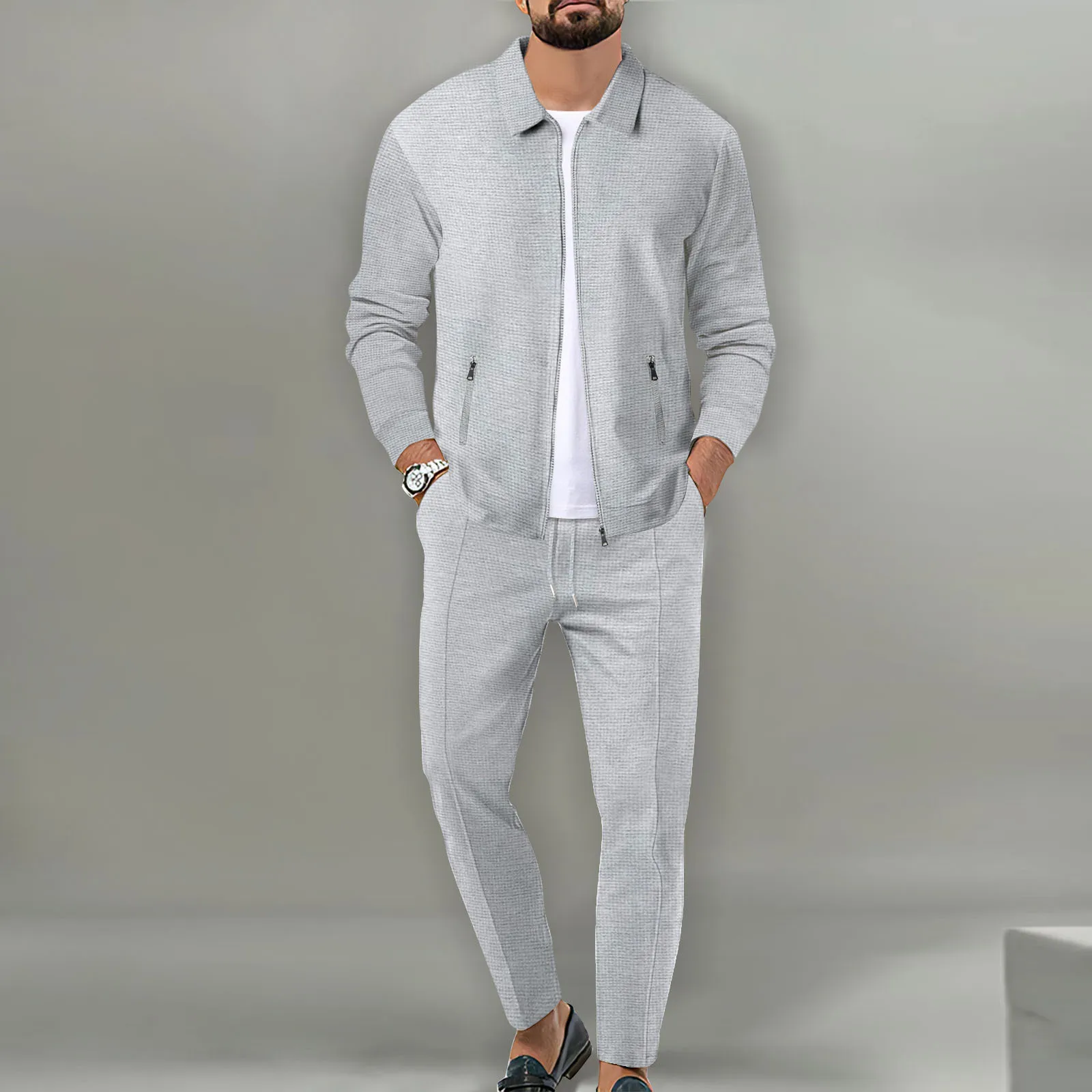 Men's autumn jacket set for young people, waffle zipper pockets, collared slim cardigan, men's jacket set view 3
