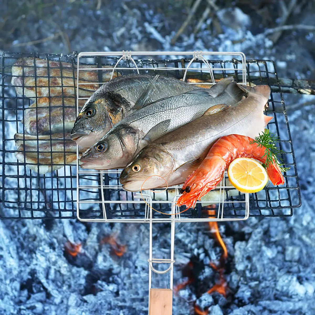 

Adjustable 43x22.5cm BBQ Fish Grilling Basket Iron Wire Large Surface Secure Flip Lock Tools for Seafood Delicate Foods Long