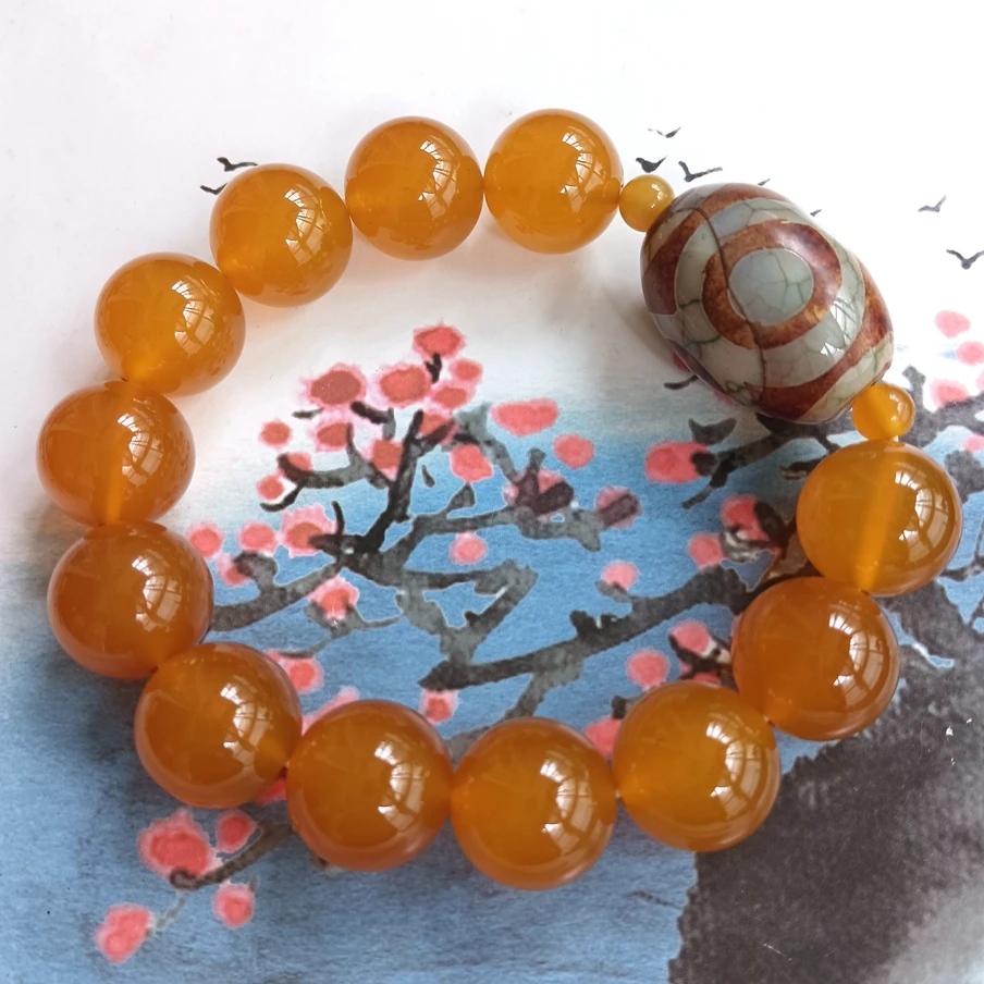 

18mm Nature Golden Agate Mala Amulet Bangle Bless Rosary Handstring 3 Eyes Tibetan Dzi Bead Mascot Churinga