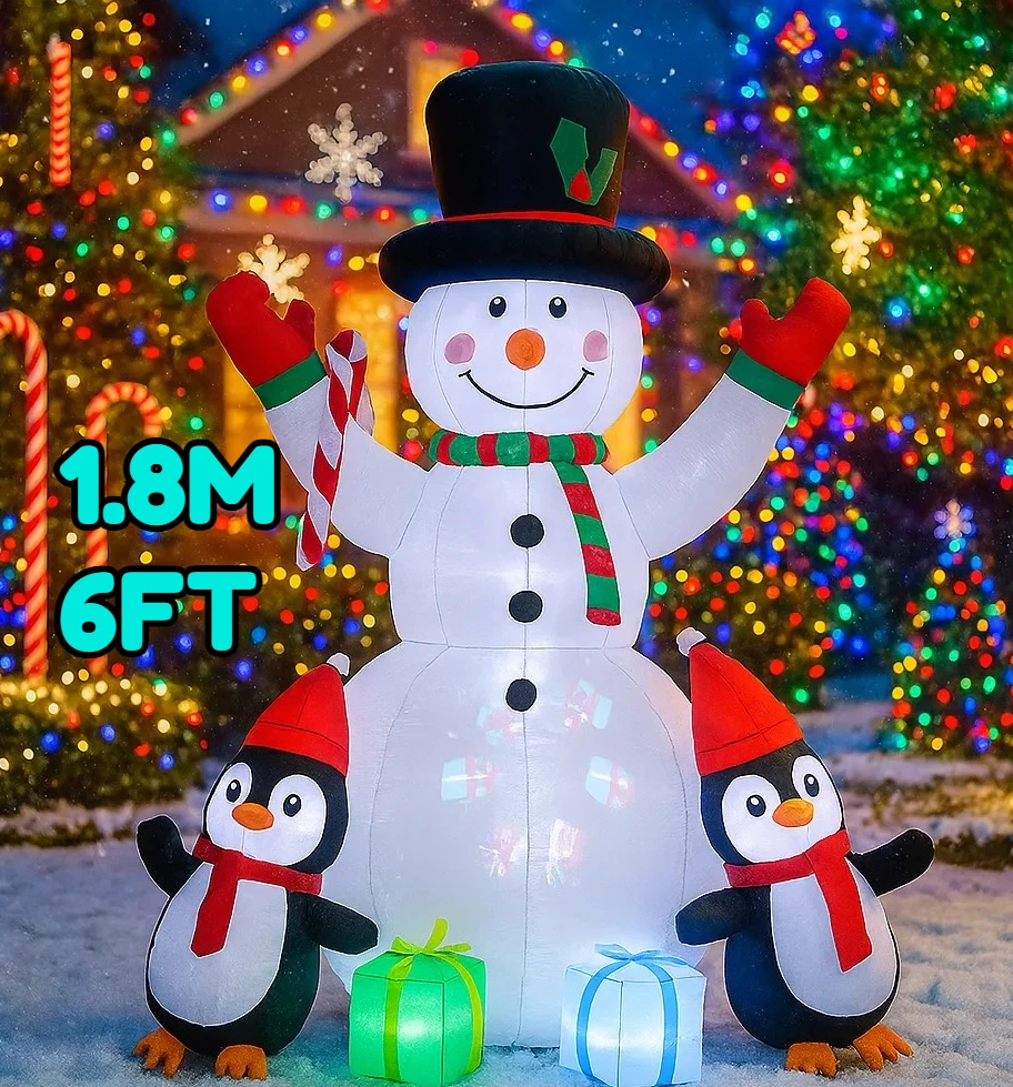 6フィートのクリスマスデコレーションおもちゃ、クリスマスデコレーション、膨らませる雪だるま、ペンギン、キャンディケインのおもちゃ、家の庭の飾り、LED装飾付き