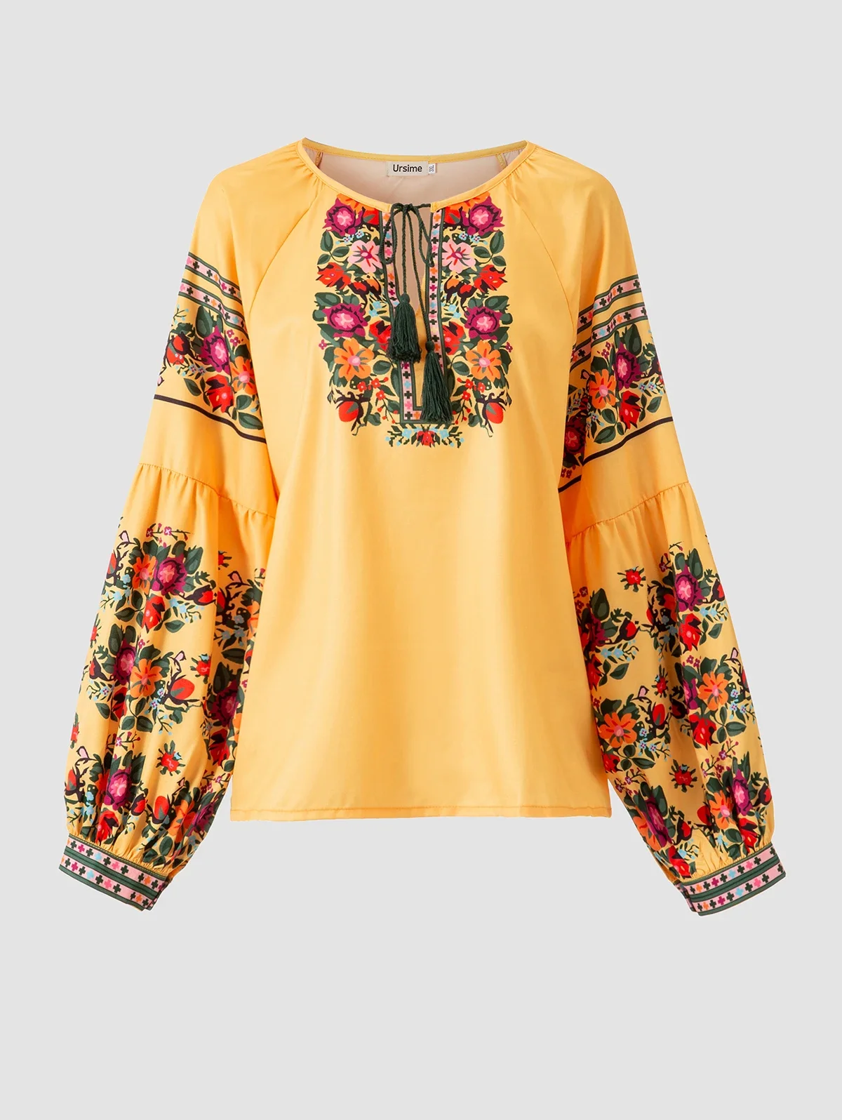 

Women's Boho Blouse Ethnic Style Flower Print Shirt Tassel Lace-up O Neck Lantern Blouses Western Loose Casual All-match Blusas