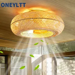 Round Bamboo Ceiling Fan With Light And Control Rattan Cage Flush Mount Ceiling Fans With Led Light For Home Living Room Bedroom