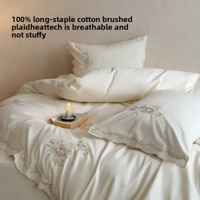 French Autumn and Winter Warm Long-staple Cotton Abraded Four-piece Set Lace Lace Embroidered Quilt Cover Bed Sheet Bedding Set