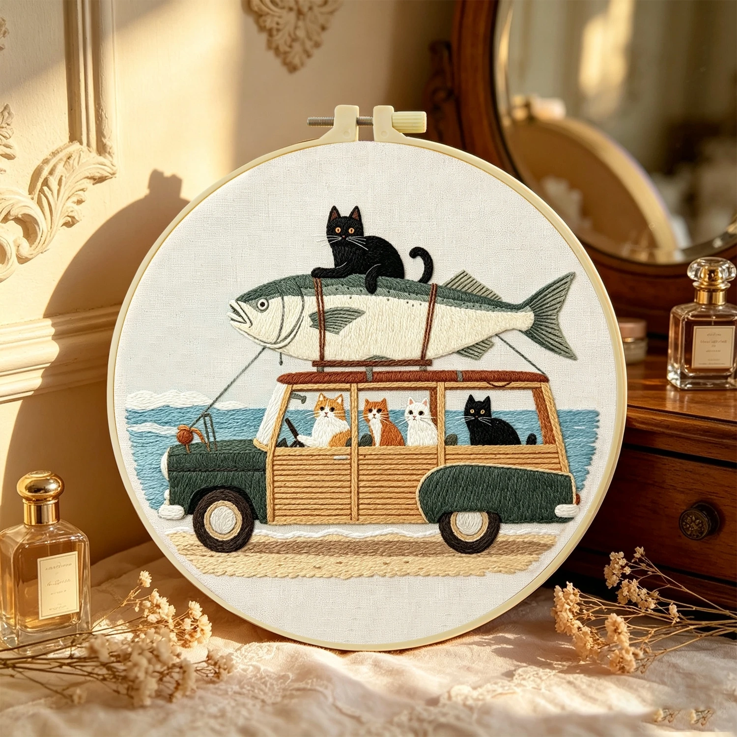 1 Set Auto-Dach Fisch-Katze-Stickerei-Set für Anfänger, DIY-Stickerei-Starter-Kit, Kreuzstich-Kunstgeschenk, Handarbeits-Bastelset – Detail 5