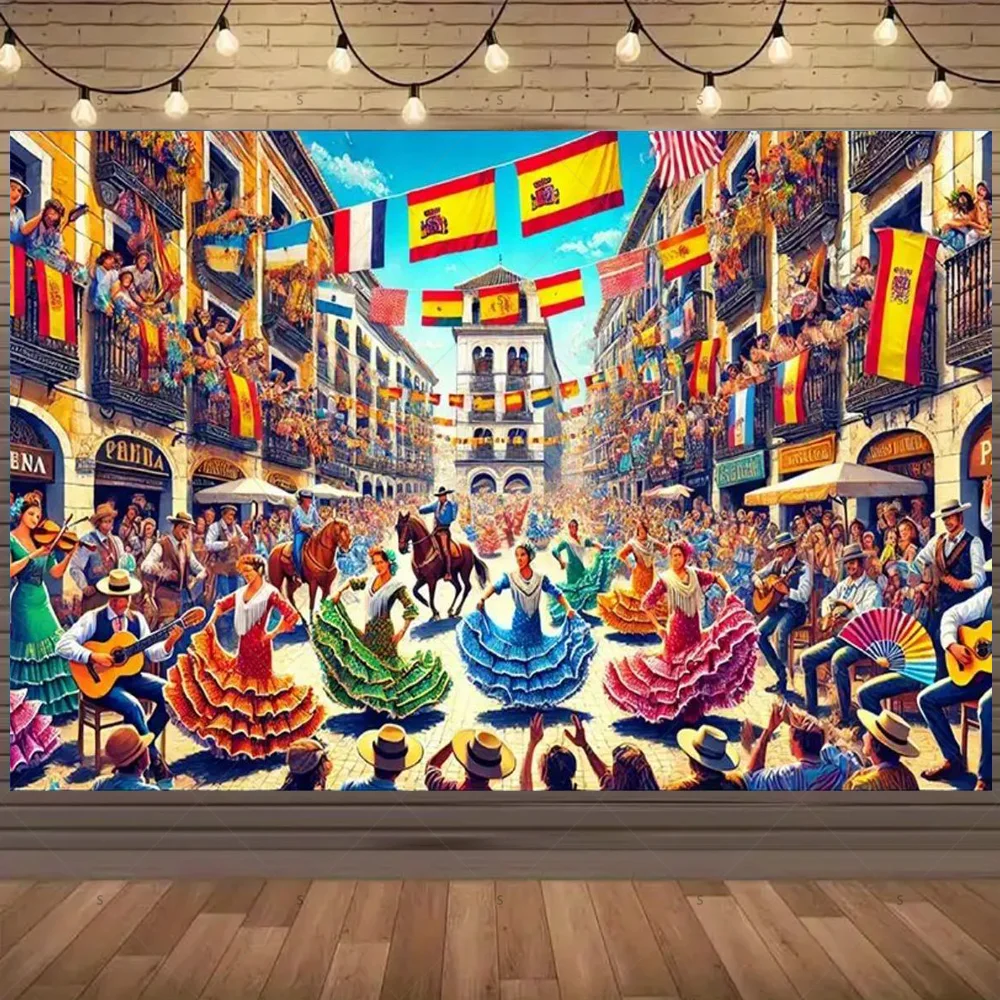 خلفية كرنفال إسبانية لتزيين الحفلات، موكب المسابقة، الراقصات، عازفي الجيتار، لوازم خلفية لافتة دعائم التقاط الصور #4