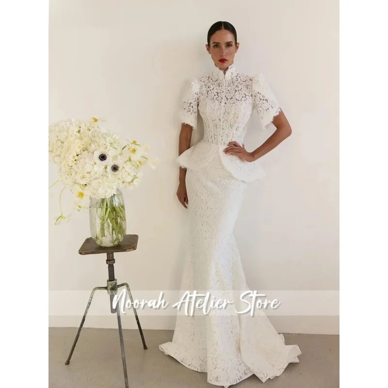 Customized High Neck Short Sleeve Prom Dress Floor-Length vestidos de noche Lace Embroidery Floral Appliques Formal 2026