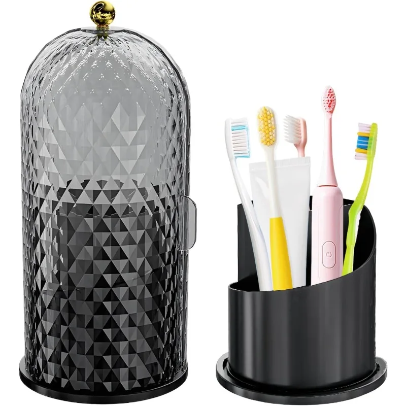 Multifunctional Rotating Tooth Brush Holders with Sliding Lid, 3-Slot Bathroom Vanity for Tooth Brush, Makeup Brushes Holder