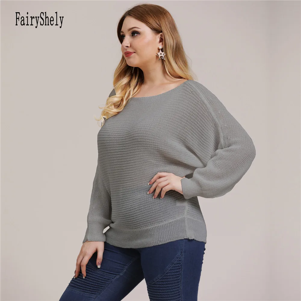 2024 Winter Batwing Sleeve Plus Size Sweater Women Grey Large Pullover Ladies Loose Oversize Jumper Big Jerseys Curvy Knitwear