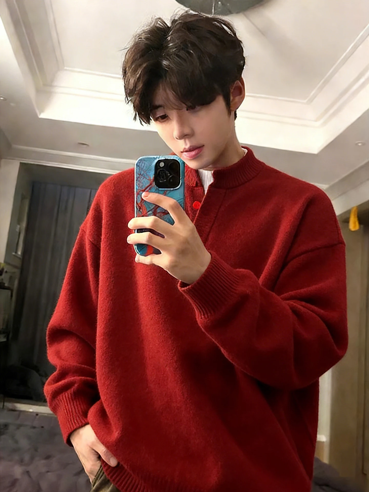 

Red Henry V-Ne Knitwear Men's Faionable Winter Base Layer Long Sve Sweater Lazy Year Outerwear Polyester Fiber Straigh...