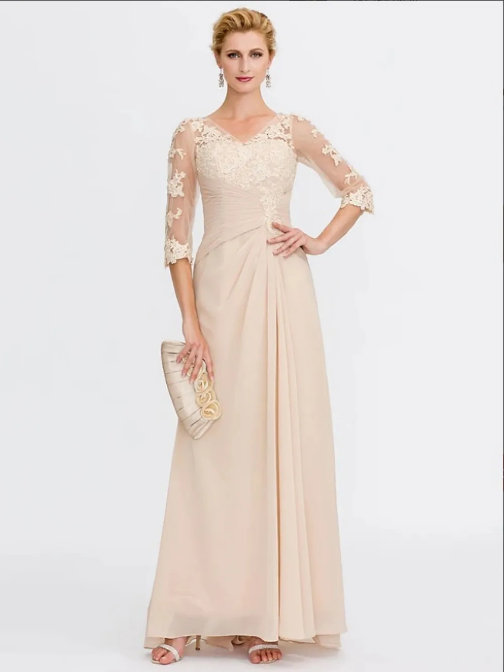 Forvety elegante crêpe jurk met driekwart mouwen en V-hals |   Kanten bloemenaccenten, geplooid tailleontwerp, feestjurk met vloeiende textuur