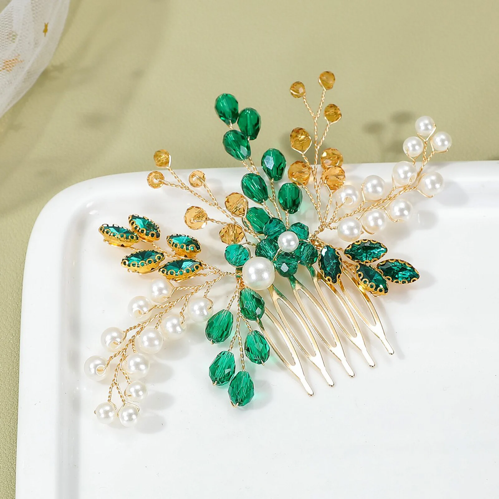 مشط شعر مضفر باللؤلؤ دبوس شعر على شكل كمثرى أخضر مع أوراق ذهبية لحفلات الزفاف وإكسسوارات شعر لحفلات الزفاف والتيجان العصرية