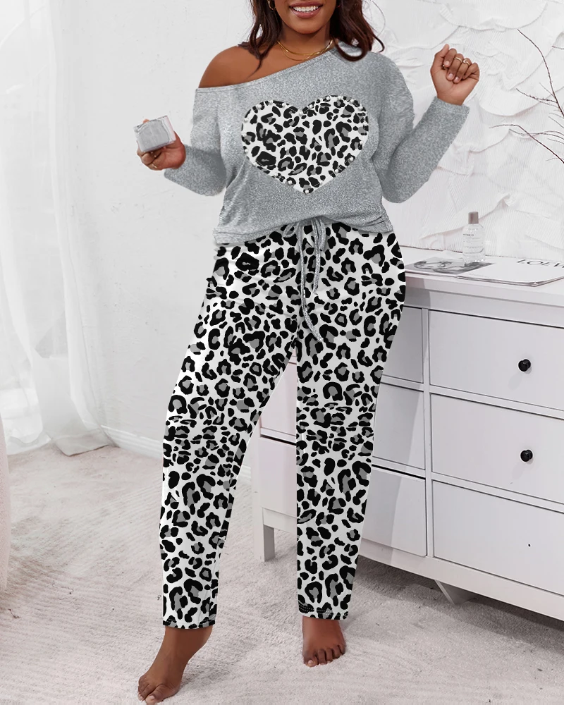 2 Piece Heart Leopard Print Skew Neck Long Sleeve Top Drawstring Waist Pants Pajamas Set 2025 Autumn Winter New Fashion Casual