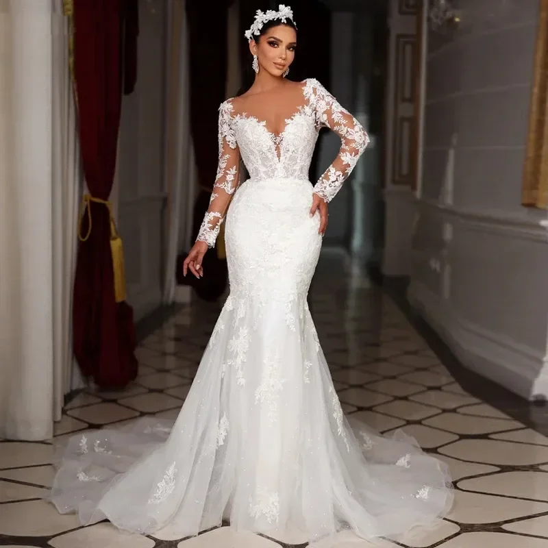 Vestido de novia de sirena con calcomanía de encaje, Sexy y precioso, personalizado, con tren desmontable, manga larga, cuello en V, 2025