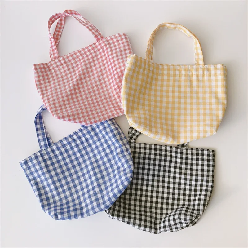 Portable Women's Bento Handbags Simple Plaid Ladies Small Tote Purse Shoulder Bags Retro Female Cloth Reusable Shopping Bag