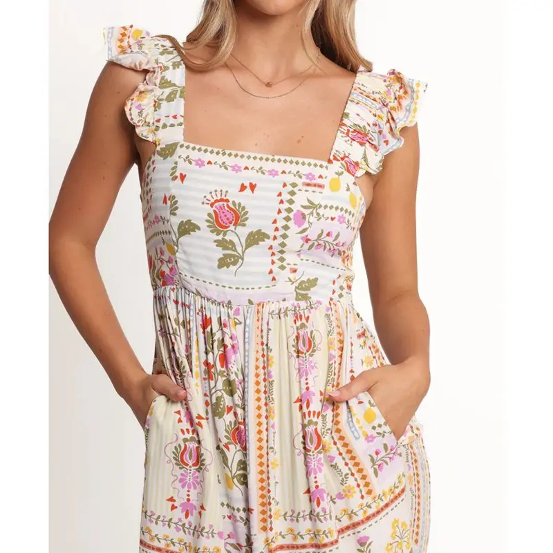 Combhasaki Women Summer Floral Print Flutter Ruffled Fly Sleeve Square Neck Smocked Backless A-Line Long Suspender Tank Dress