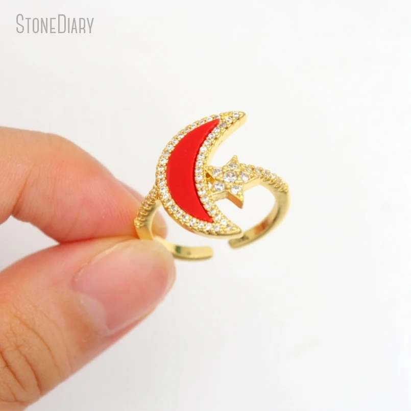 5Pcs Wholesale Red Gold Color Copper Glass Crystal Boho Witch Crescent  Moon Shape Star Ring RM50738