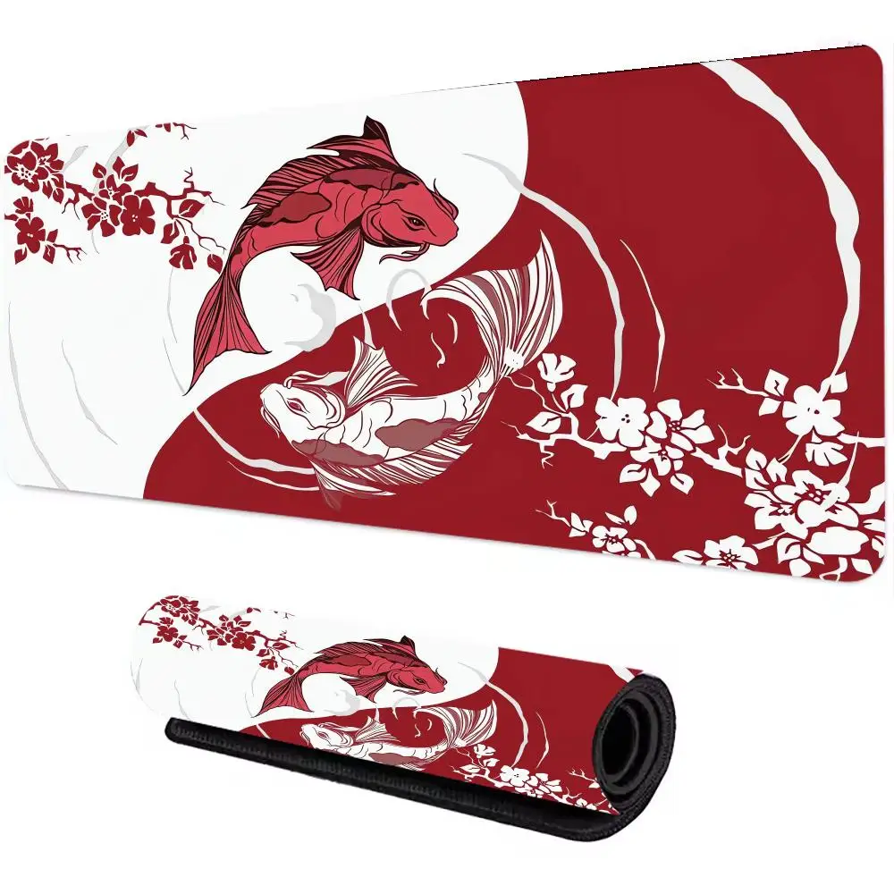 Alas meja besar alas mouse merah putih motif Koi bunga sakura alas mouse Sathetics XXL alas meja kantor karet 90x40 alas keyboard gaming