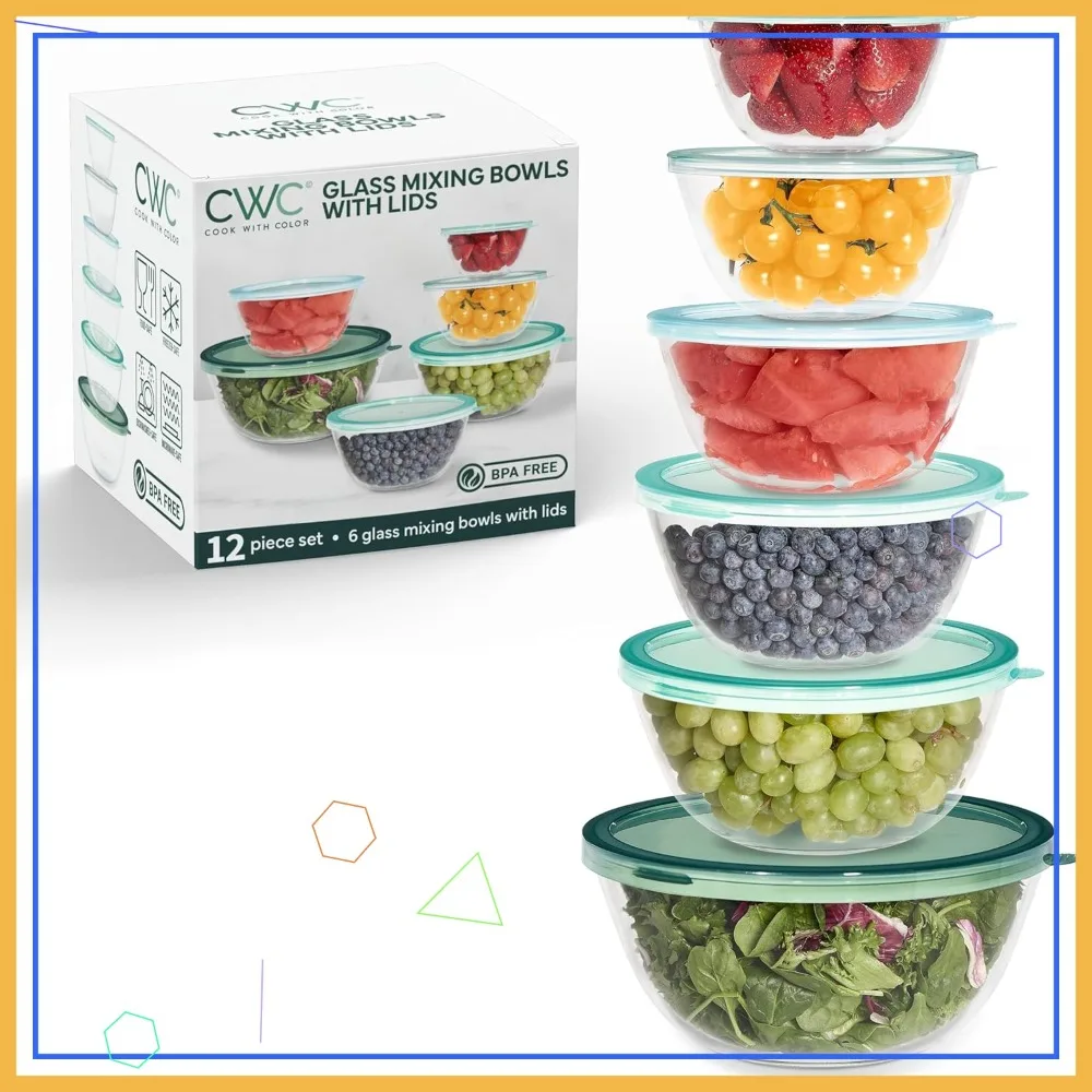 

12-Piece Glass Mixing Bowl Set with Lids – Nesting Bowls for Cooking, Baking, Meal Prep in Sage Color