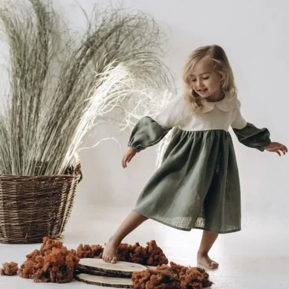 

Girls Casual Dresses Spring Summer Cotton Hemp Comfort Splicing Long Sleeved Causal 2025 Turn Down Collar Pleated