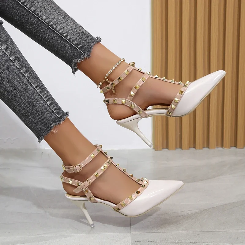 Women\'s Shoes Rivets Sandals Female Summer  Thick with Fine with High-heeled Shoes Pointed Stiletto Sexy Nightclub Shoes