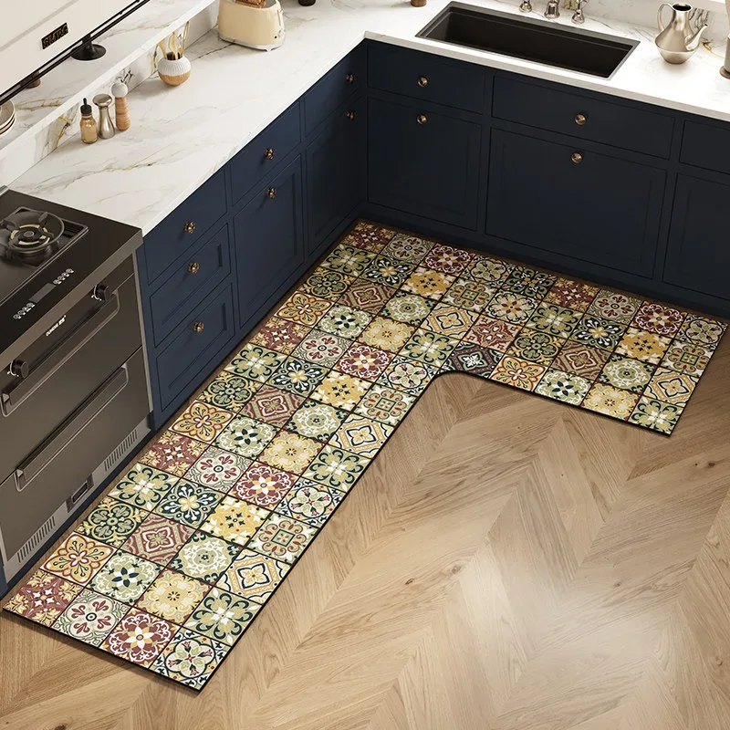 

L-shaped Kitchen Floor Mat Anti-slip Carpet Oil-proof PVC Washable Mats Vintage Light Luxury Home Decoration Rug Tappeto Cucina