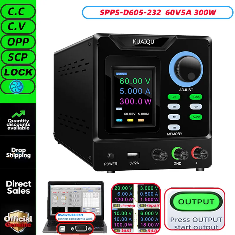 KUAIQU RS232/USB High Power Verstelbare LAB Voeding 1000V 800V 400V 300V 600V 30V 5A 10A Geheugenopslag, Uitgang, Software PC