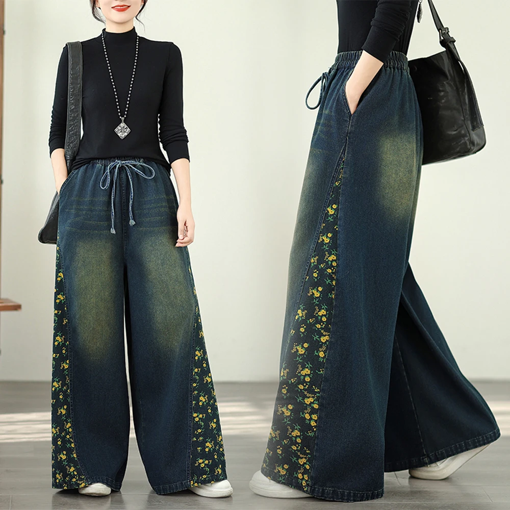 NYFS Vintage Fashion Print plus maat losse damesjeans elastische taille wijde pijpen broek herfst denim broek