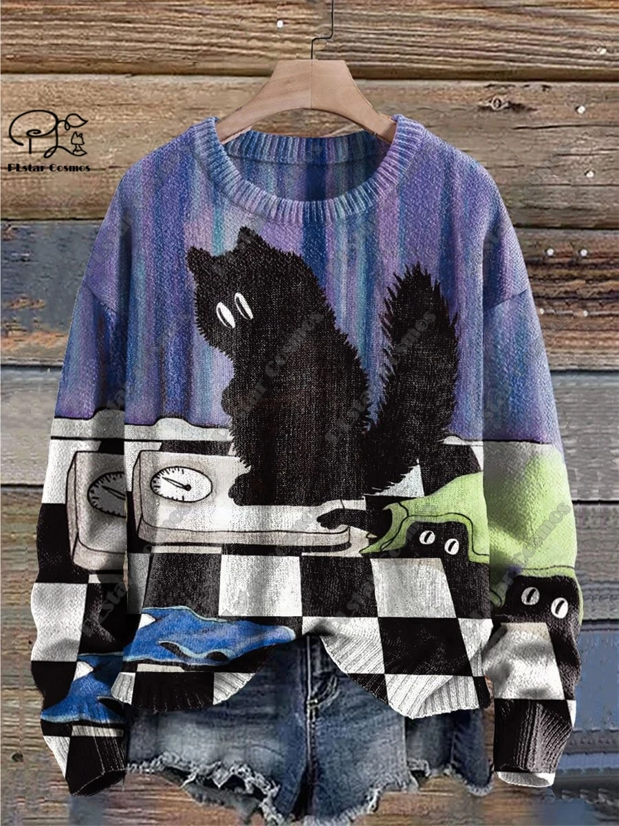 PLstar Cosmos-3D Camisola Padrão de Gato Impresso, Série Animal Bonito, Camisola Feia, Engraçado, Casual e Engraçado, Unisex, Inverno, Novo, M-15