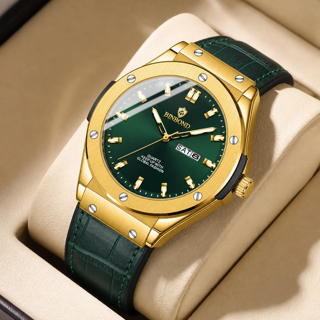1pcs Men's Fashion Watch Green Dial Leather Strap Double Calendar Quartz Wristwatch Casual Daily Wear Trendy Design Styl