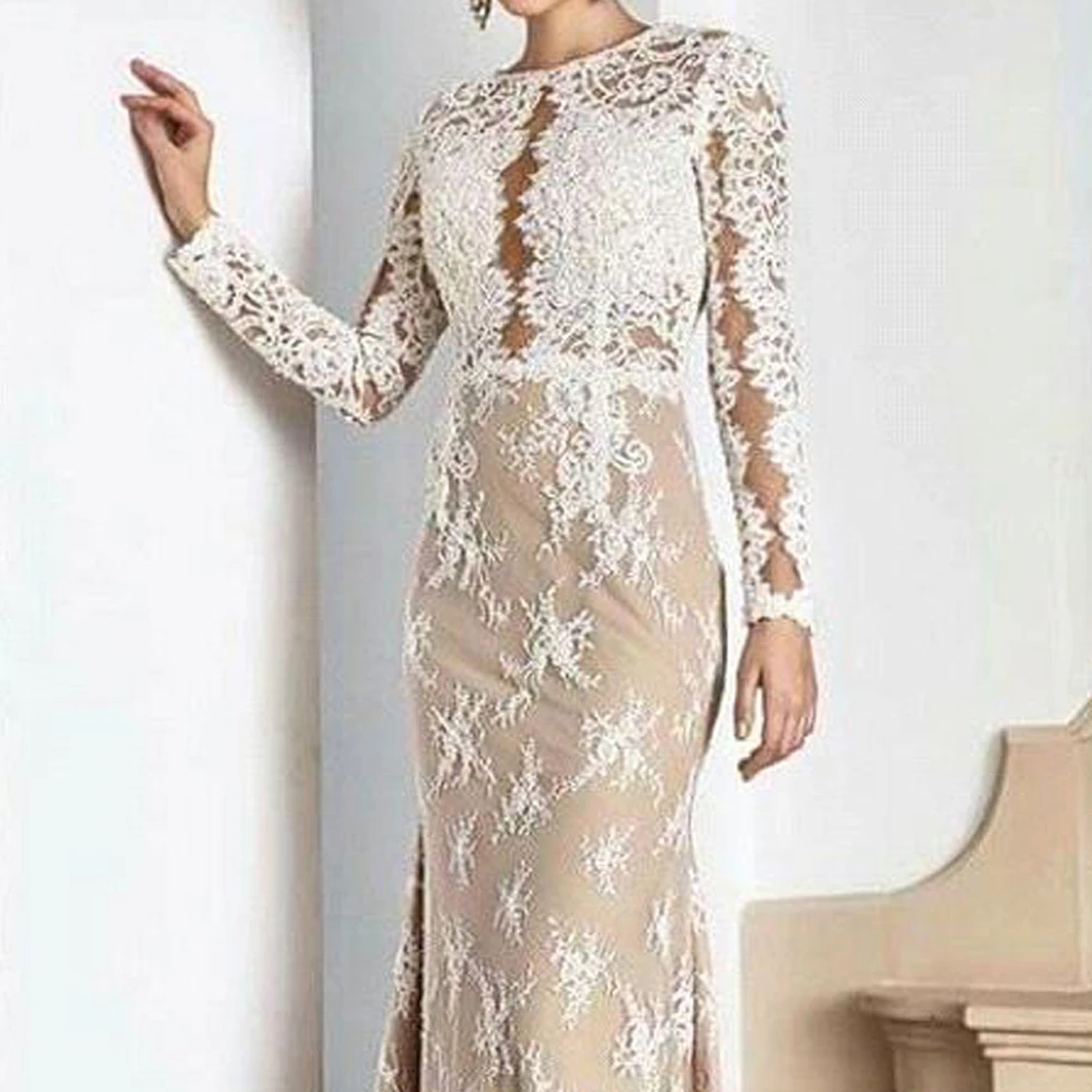 Meimard Boho Champagne Appliques Wedding Dresses For Women Elegant Long Sleeves O Neck Bridal Gowns Lace Beach Robe De Marriage