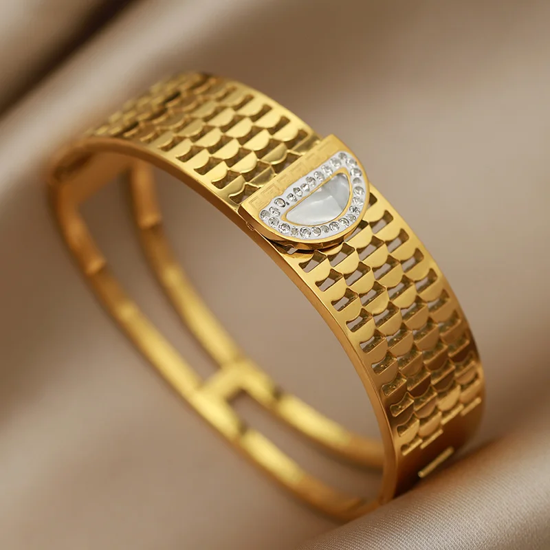 

Stainless Steel Crystal Wide Bangles&bracelets for Women Fashion Brand Jewelry Classic Punk Style Geometric Bangle Accessories